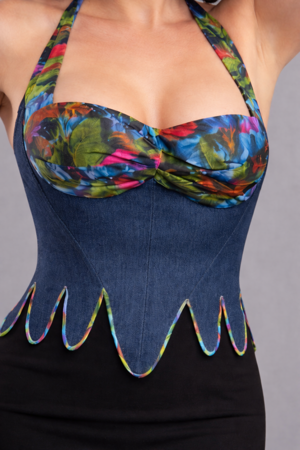 Corset esprit pin-up – Jean brut & imprimé couture