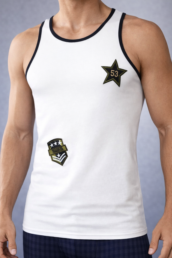 Débardeur Blanc Homme – Finitions Army et ecussons