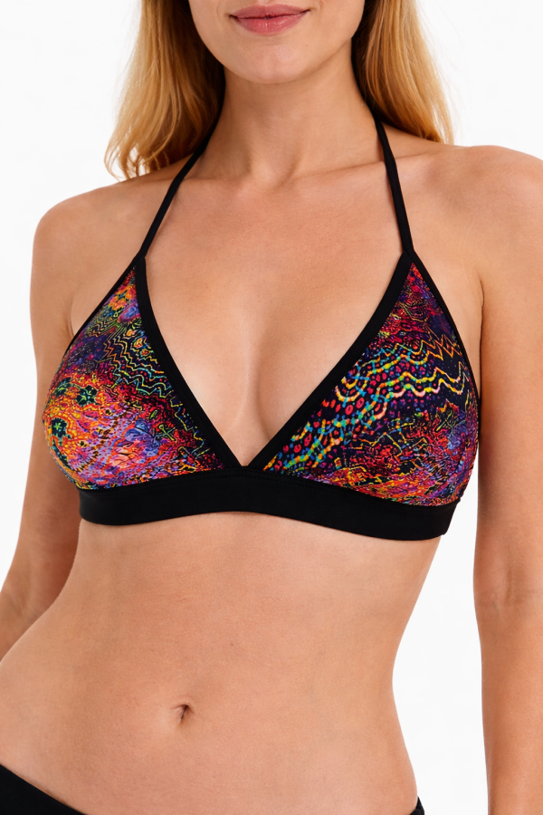 Haut de maillot triangle fixe – Imprimé paon multicolore & liseré noir