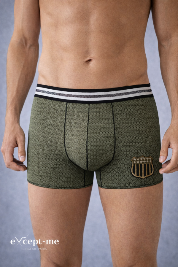 Boxer kaki jacquard ,dos uni noir et ceinture rayée tri color noir/blanc/argent