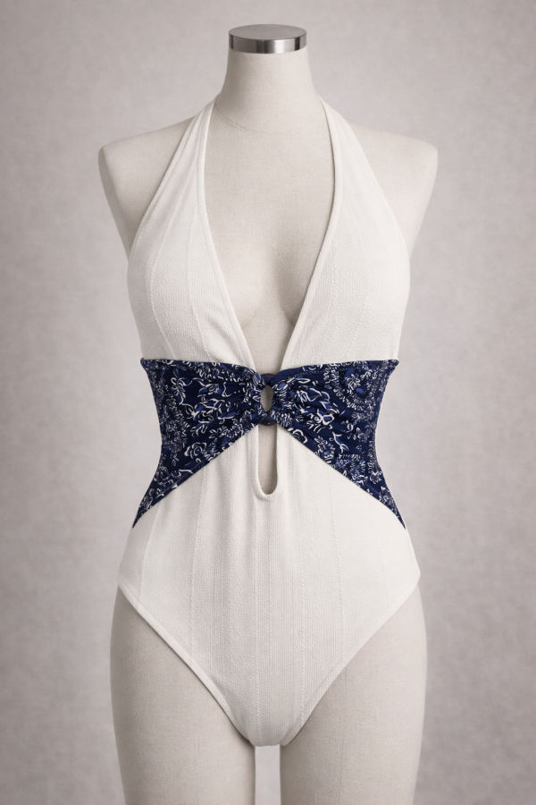 Maillot de bain une pièce blanc et empiècement bandana bleu