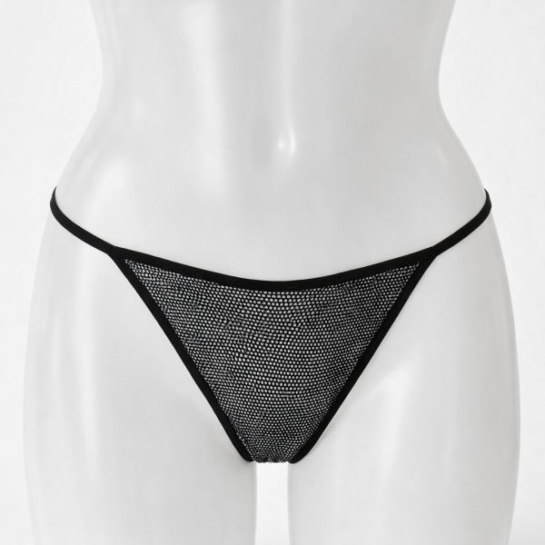 Bas de bain Tanga échancré – Polyamide enduit noir pailleté