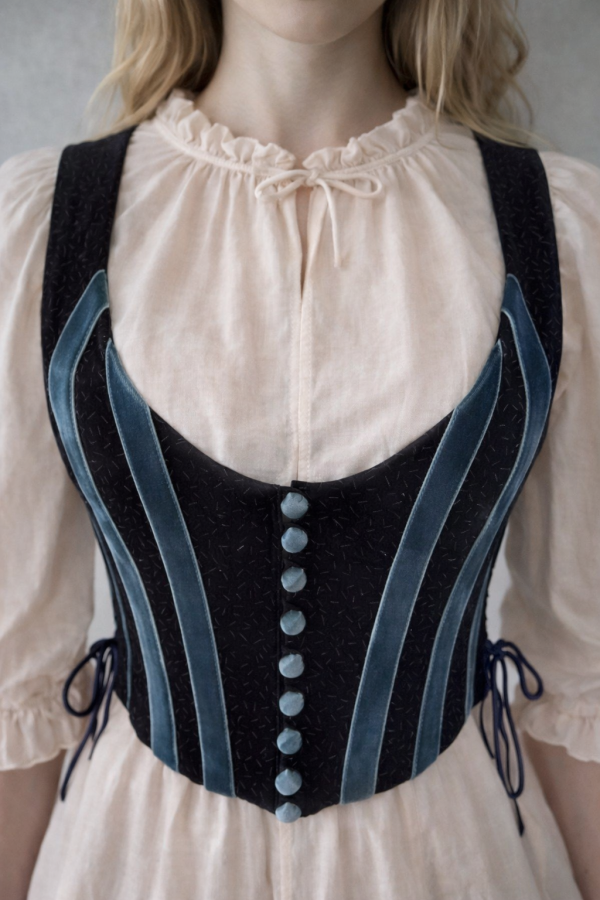 Gilet corseté bleu imprimé argent – Velours & boutons satin