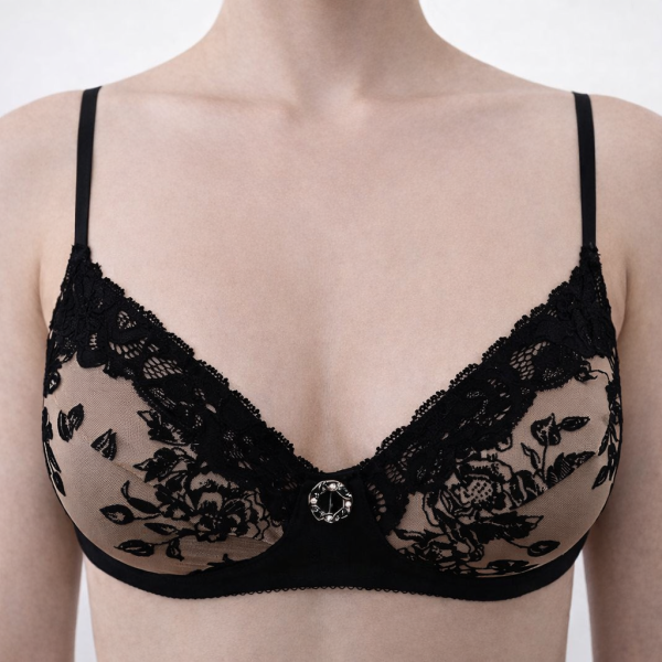 Soutien-Gorge Sans Armature en Tulle Floqué & Doublure Soie – L’Épure Sensuelle